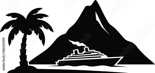 Silhouette vector side view cruise ship sailing past tropical palm and volcanic mountain on calm sea with horizon reflection black and white island minimalist flat illustration