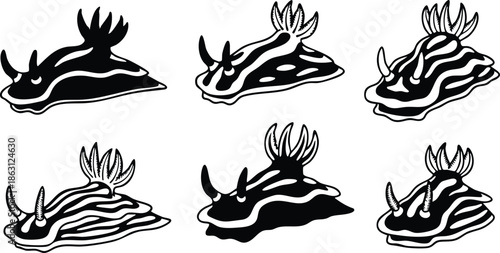 Line art close up side view six stylized nudibranch sea slugs arranged in two rows black and white vector marine pattern bold outline minimal ornamental illustration