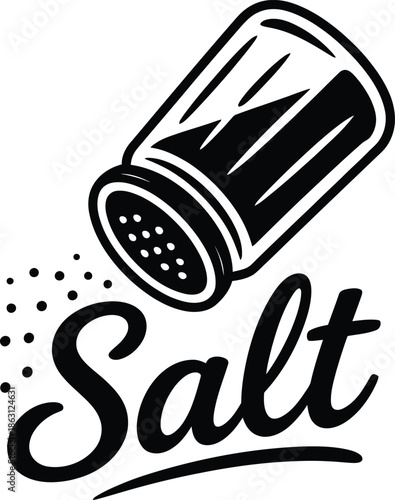 Salt Shaker Vector Illustration – Black and White Stylized Kitchen Seasoning Tool with Tilted Body, Granules Dispensing, and Script Text.