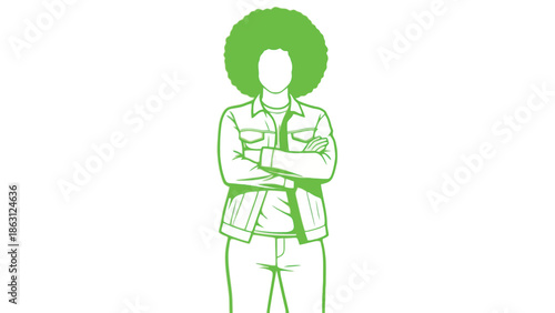 A vibrant green outline of a person with an afro and crossed arms stands confidently