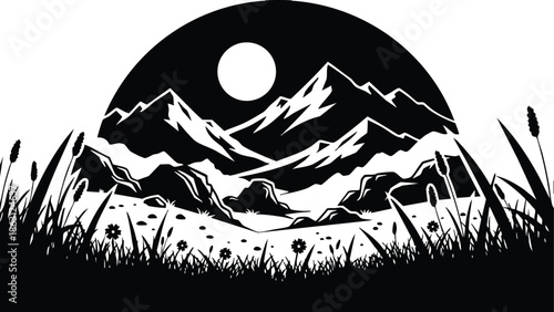 Silhouette vector arched landscape with moonlit mountain range and layered peaks above meadow grass foreground viewed from low angle at night high contrast bold ink minimal