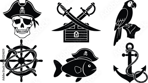 Flat design black pirate icon set with skull crossed swords parrot ship wheel anchor and fish arranged in two row grid minimal silhouette high contrast isolated