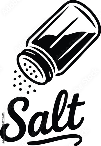 Salt Shaker Vector Illustration – Black and White Stylized Kitchen Seasoning Tool with Tilted Body, Granules Dispensing, and Script Label.