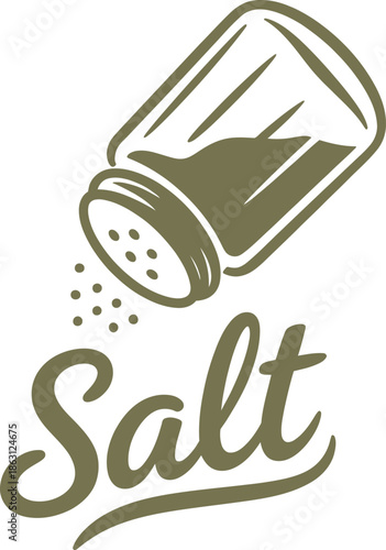 Salt Shaker Vector Illustration – Olive Green Stylized Kitchen Seasoning Tool with Tilted Body, Granules Dispensing, and Retro Script.