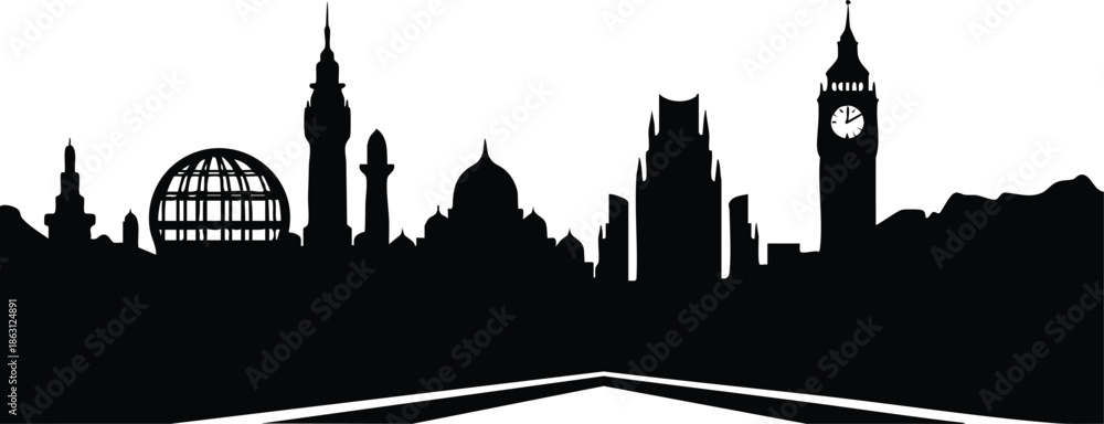 Obraz premium Flat silhouette skyline vector with big ben clock tower dome glass structure road leading to city center horizon minimal black and white composition low angle perspective