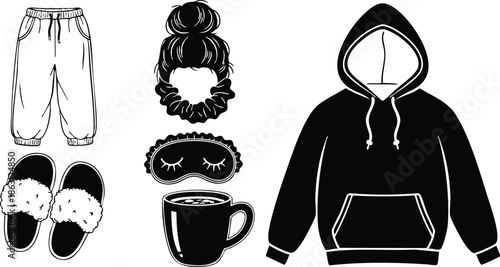 Flat design top view clothing and sleepwear icons featuring hoodie mug slippers eye mask sweatpants scrunchie arranged isolated on white simple monochrome vector set clean layout
