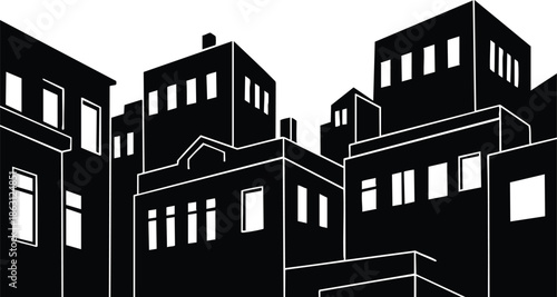 Flat design close up silhouette of stacked urban buildings with rooftop chimneys and rectangular windows viewed from low angle high contrast black and white graphic minimalism