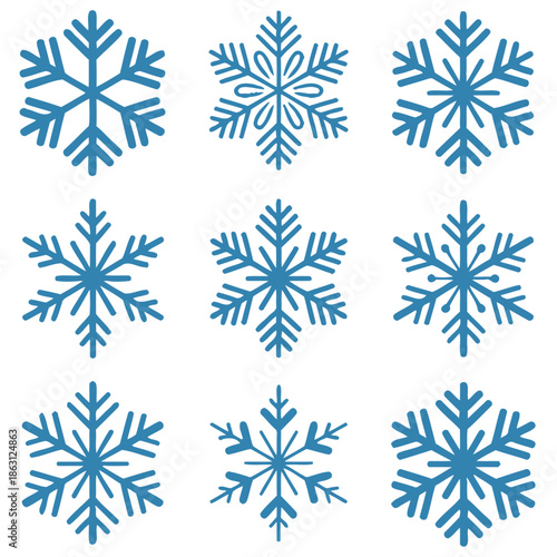 Collection of nine distinct blue snowflake icons provides beautiful frosty graphic elements for winter.