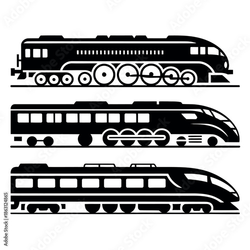 Three distinct silhouettes of modern and classic locomotive trains illustrating various eras of rail.