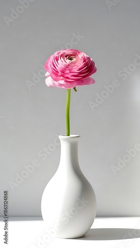 Pink ranunculus in a white vase on a table