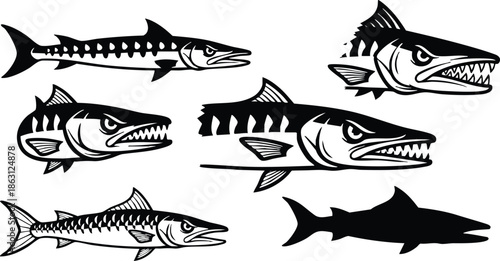 Silhouette vector sheet close up predatory fish heads and full bodies arranged in horizontal layout for fishing logo decal branding monochrome aggressive profile tight composition graphic