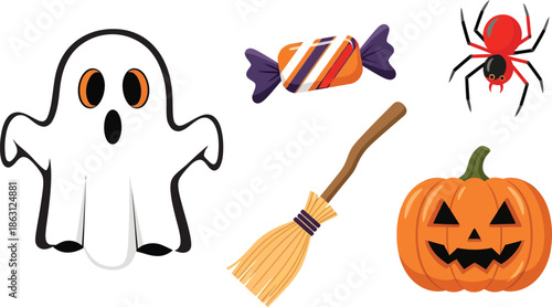 Spooky Halloween Icons: A collection of festive Halloween elements, perfect for adding a touch of spooky fun to your projects, including a ghost, spider, pumpkin, broom and candy.