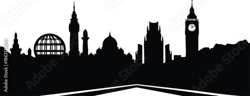 Flat silhouette skyline vector with big ben clock tower dome glass structure road leading to city center horizon minimal black and white composition low angle perspective