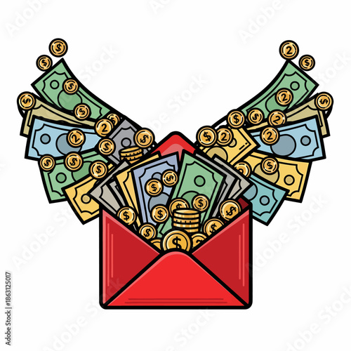An open red envelope overflowing with various banknotes and coins