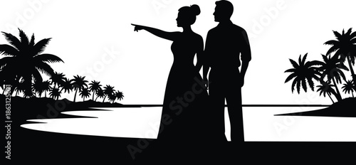 Silhouette vector beach scene close up couple standing woman pointing toward horizon man looking away tropical palm trees on shoreline backlit sunset mood elegant romantic scene