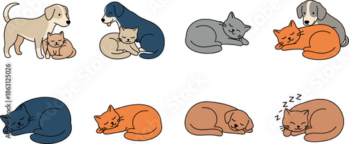 Pet illustration set of cats and dogs sleeping and cuddling