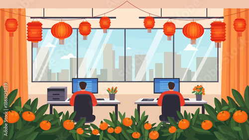 Two people working at a desk with computers surrounded by oranges and lanterns near a window