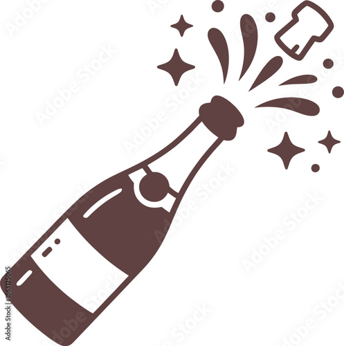 Champagne Bottle Opening Vector Illustration – Stylized Celebration Scene with Flying Cork, Sparkling Liquid, Bubbles, and Stars.