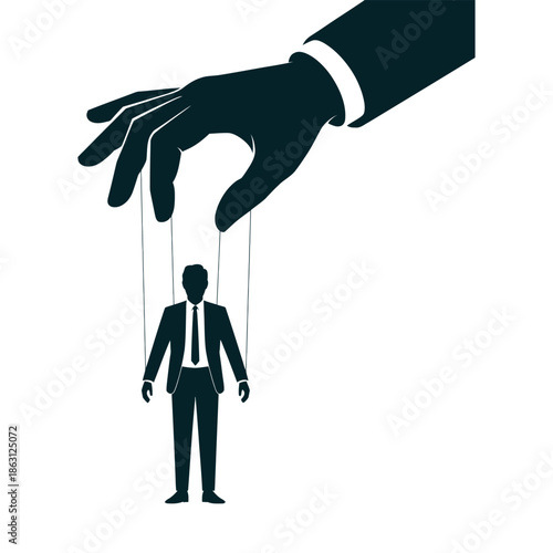 Dominant hand controls small businessman silhouette via strings like a manipulative puppet master.