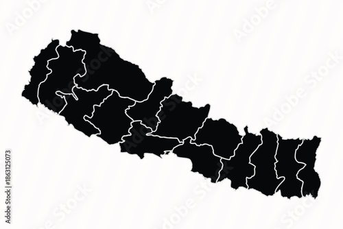 Nepal Map Silhouette with Provinces: Detailed Black Vector Map of Nepal Administrative Divisions and Borders