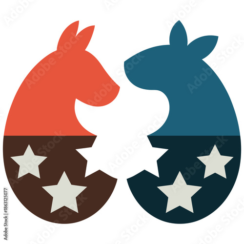 Stylized donkey and elephant icons suggest a political party unity concept for elections.