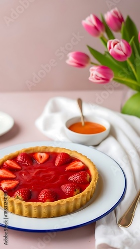 Delicious strawberry tart on a plate with flowers