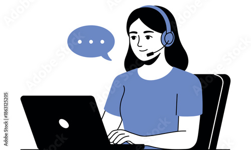 Customer service representative wearing a headset works diligently at her laptop computer in an office.