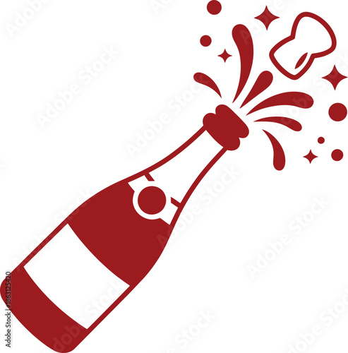 Champagne Bottle Opening Vector Silhouette – Red Stylized Celebration Scene with Flying Cork, Bubbles, and Sparkling Liquid Burst.