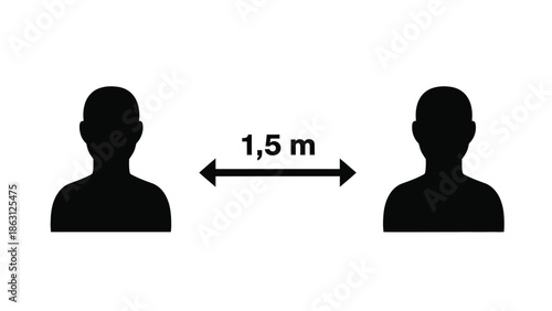 Social distancing guidelines depicted with two silhouettes and a measurement of one point five meters