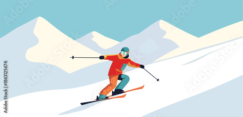 Skier skiing down a snowy mountain slope in winter