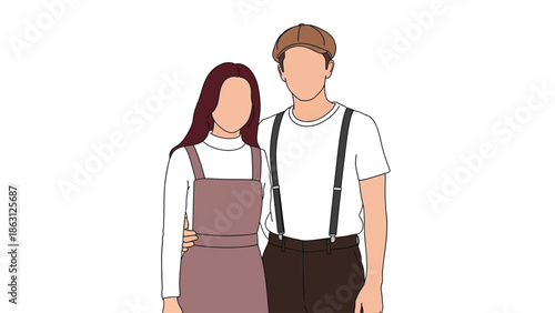 A simple illustration depicts a faceless couple standing closely together styled in casual attire