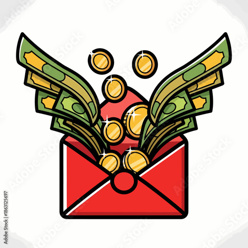 Money and coins overflowing from a red envelope illustration