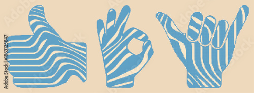 Artistic Hand Sign with Wave Pattern and Halftone Dot Matrix for Modern Graphic Poster