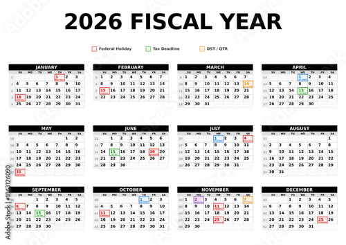 2026 US Business Wall Planner Calendar - Landscape Fiscal Year Chart with Federal Holidays, Tax Deadlines & ISO Weeks - Large Print Centered Vector Grid for Office, Logistics & HR Management