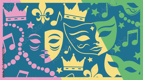 Mardi Gras Carnival Celebration Background Pattern with Festive Masks, Crowns, Musical Notes, and Beads