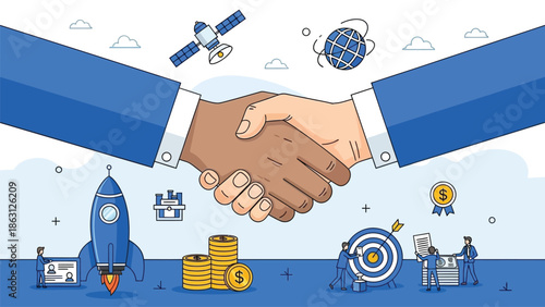 A successful business partnership symbolized by a handshake with technology and growth elements