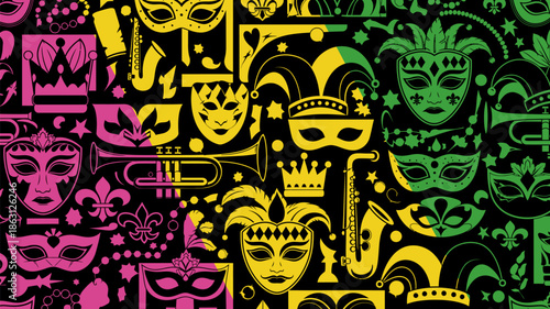 Mardi Gras seamless pattern with carnival masks, musical instruments, crowns, and jester hats in traditional purple, gold, and green colors on black background.