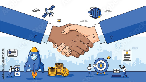 A diverse handshake symbolizes successful partnerships in technology space exploration and business ventures