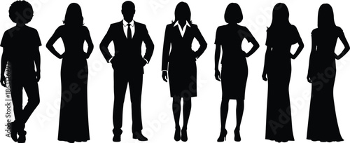 Business people silhouettes standing together, professional men and women figures representing teamwork, leadership, confidence, corporate identity, and workplace diversity