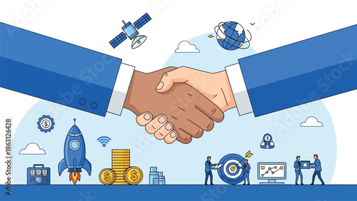 Global partnership and technological advancements symbolized by a handshake and space exploration