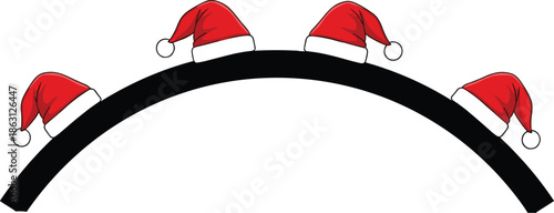 Christmas Santa hats border design with festive curved frame, holiday decoration element for banners, cards, celebrations, and winter themes