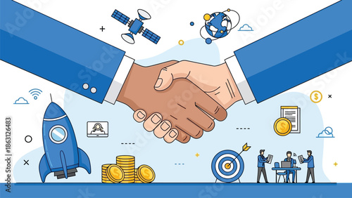 A collaborative handshake represents partnership technology and successful business ventures with innovation