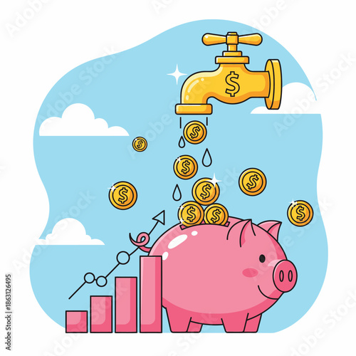 Coins flowing from a faucet into a piggy bank surrounded by a financial growth graph against a serene blue sky with clouds