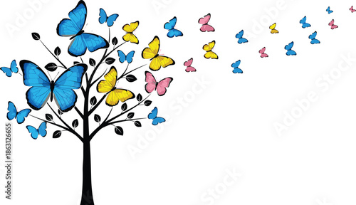 Colorful butterfly tree illustration symbolizing freedom, transformation, nature beauty, growth, imagination, and harmony in a dreamy artistic composition