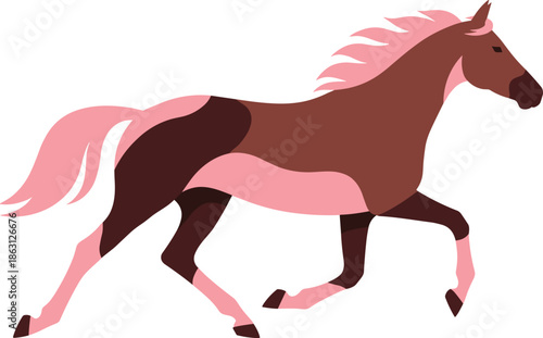 Brown and pink horse running with flowing mane and tail galloping
