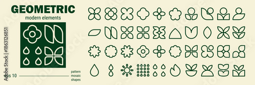 Basic y2k shapes set and line leaf create abstract flower icon geometry.