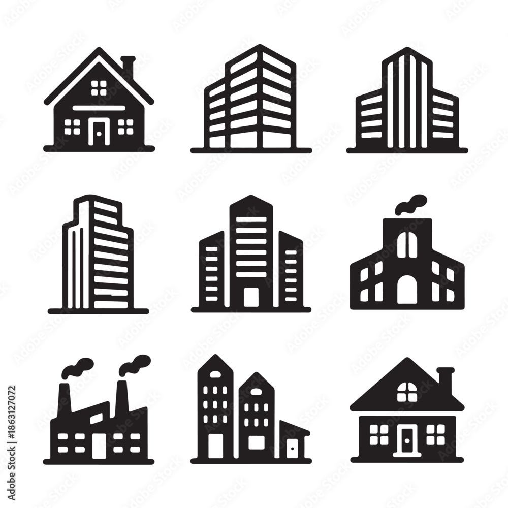 Fototapeta premium Collection of Building Icons Featuring Diverse Architectural Styles from Houses to Skyscrapers Representing Urban Landscape and Real Estate Development in Black Silhouette Style