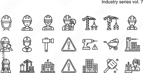 Construction workers and equipment in black and white line style helmets hard hats