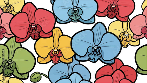 Seamless pattern of colorful orchid flowers with thick black outlines and watercolor style