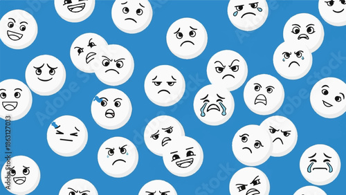 Seamless pattern of white emoji faces depicting diverse emotions like happy, sad, angry, and shocked on blue